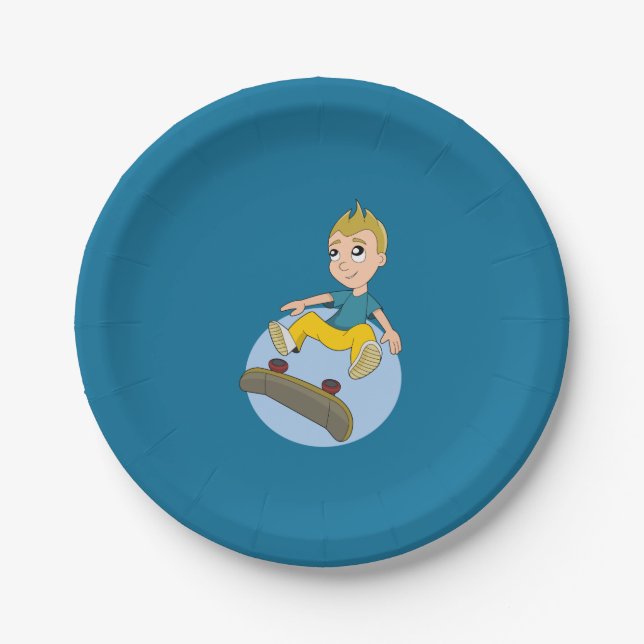 Skateboarding kid cartoon paper plate (Front)