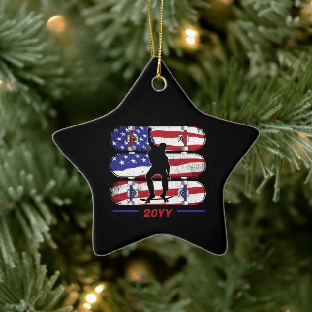 Skateboarding Men - USA American Flag Ceramic Tree Decoration (Tree)