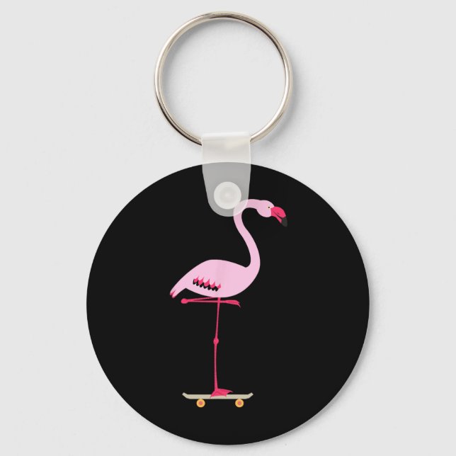 Skateboarding Pink Flamingo Cool Funny Graphic  Key Ring (Front)