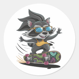 Skateboarding racoon classic round sticker