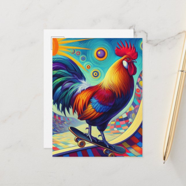 Skateboarding Rooster Postcard (Front/Back In Situ)