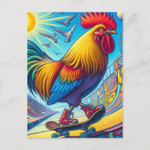Skateboarding Rooster Surreal Colourful and Fun Postcard
