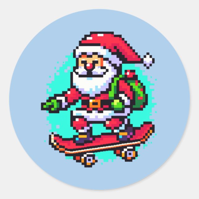 Skateboarding Santa: Quirky 8-Bit Christmas Classic Round Sticker (Front)