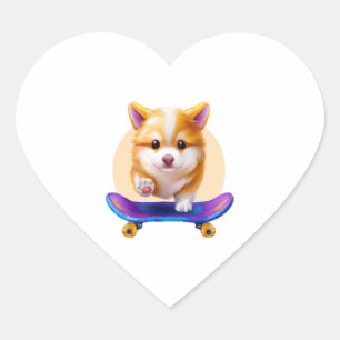 Skateboarding Shiba Inu Dog for Kids Heart Sticker