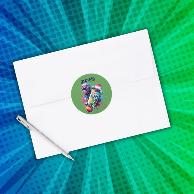 Skateboarding Skater Happy Birthday Monogram Gr | Classic Round Sticker (Creator Uploaded)