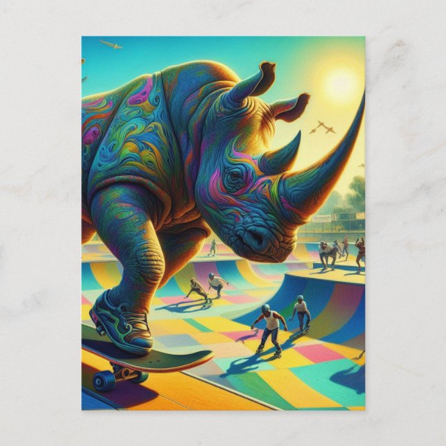 Skateboarding Surreal Adorable Rhino Postcard (Front)