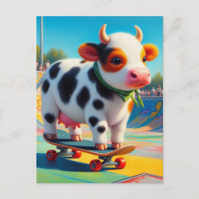 Skateboarding Surreal Colourful and Fun Cow Postcard (Front)