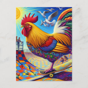 Skateboarding Surreal Colourful and Fun Rooster Postcard
