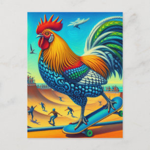 Skateboarding Surreal Colourful and Fun Rooster Postcard