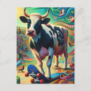 Skateboarding Surreal Colourful Fun Holstein Cow Postcard
