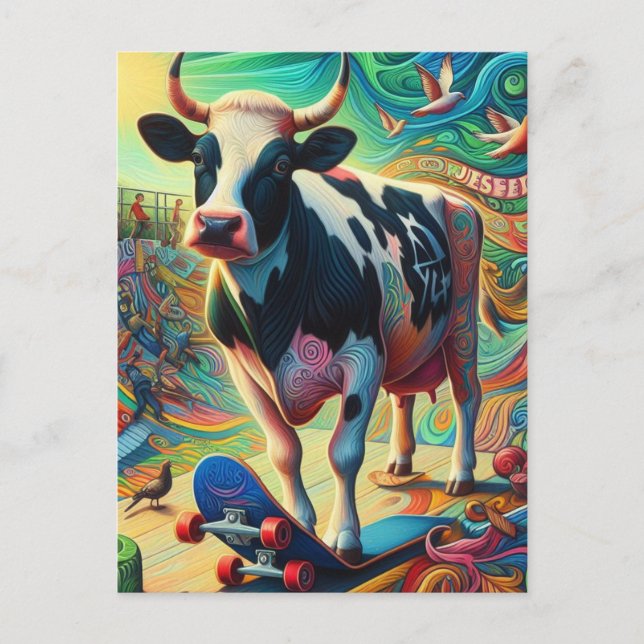 Skateboarding Surreal Colourful Fun Holstein Cow Postcard (Front)