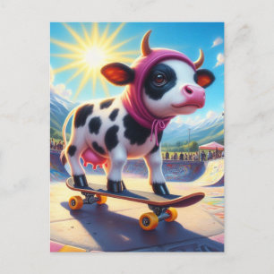 Skateboarding Surreal Cow Postcard