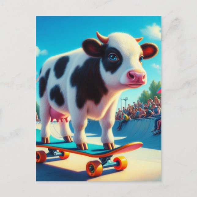 Skateboarding Surreal Dairy Cow Postcard (Front)