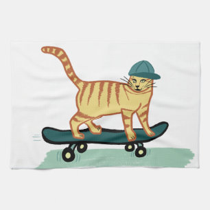 Skateboarding Tabby Cat Tea Towel