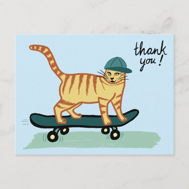 Skateboarding Tabby Cat THANK YOU Postcard (Front)