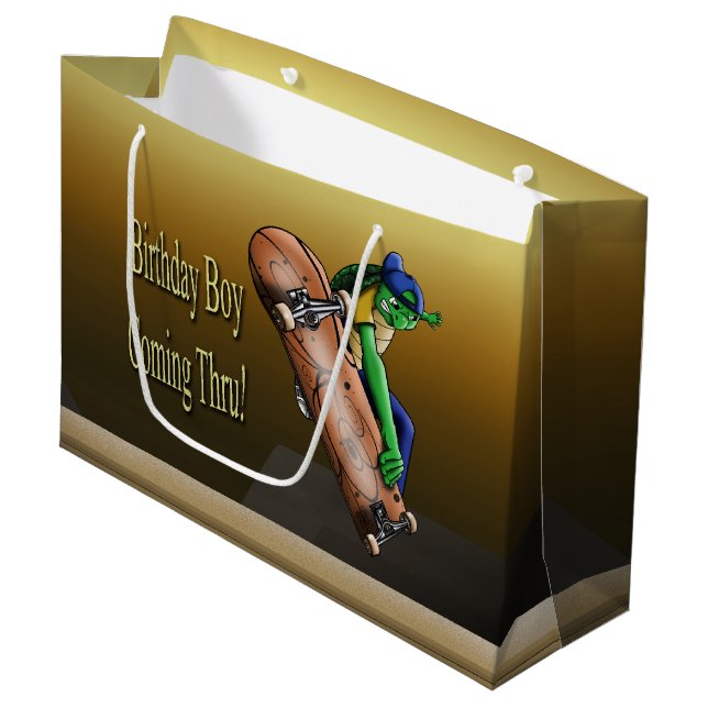 Skateboarding Turtle Birthday Large Gift Bag (Front Angled)