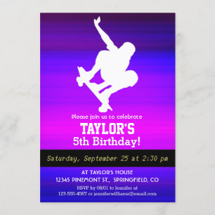 Skateboarding; Vibrant Violet Blue and Magenta Invitation