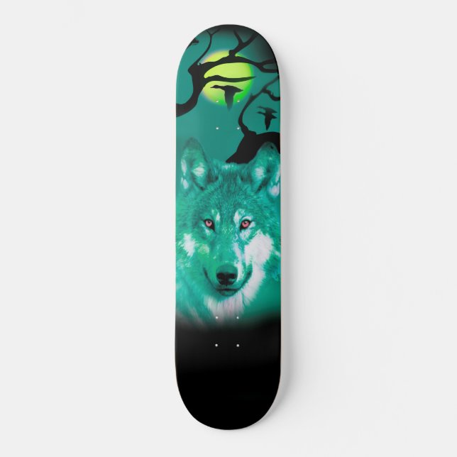 Skateboards+Wolf+Watercolor+green+blue+modern Skateboard (Front)
