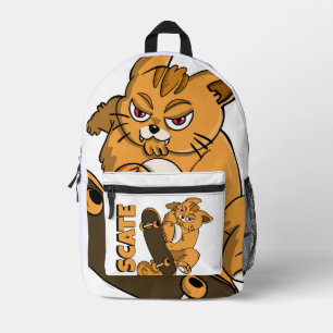 Skater Cat – Orange Kitty Mid-Air Trick Printed Backpack
