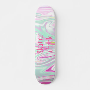 Skater Chick Teal and Pink Marble Pattern Girls Skateboard