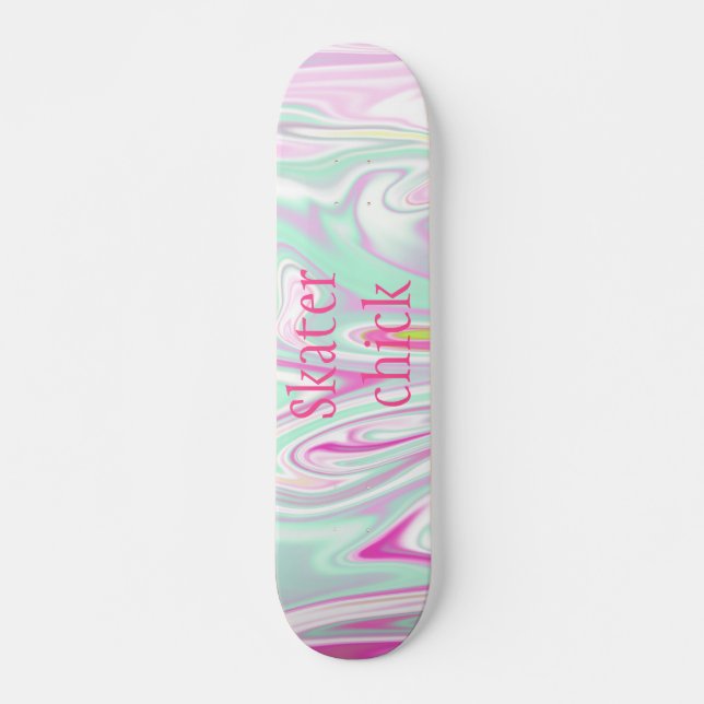 Skater Chick | Teal and Pink Marble Pattern Girls Skateboard (Front)