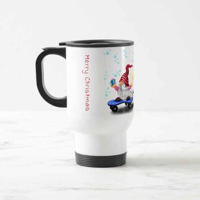 Skater Christmas Gnome Travel Mug (Left)