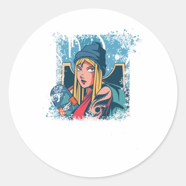 Skater Girl Anime Skateboard Women Gift Classic Round Sticker (Front)