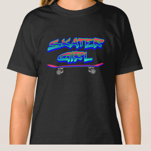Skater Girl Blue Pink Graffiti Glow Skateboard   T T-Shirt