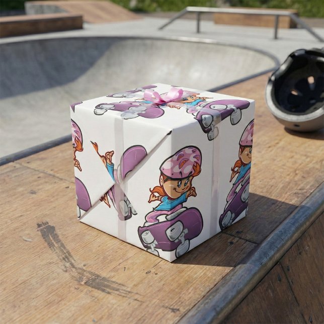 Skater Girl Fun Pink Helmet Skateboard Wrapping Paper (Creator Uploaded)
