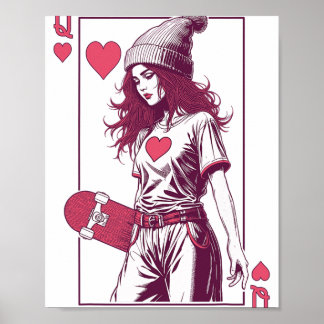 Skater Girl Queen Of Hearts Card Skateboarder Skat Poster