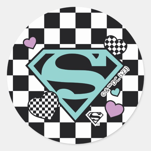 Skater Girl Supergirl Hearts S-Shield Classic Round Sticker (Front)
