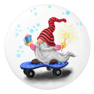 Skater Gnome Christmas Ceramic Knob