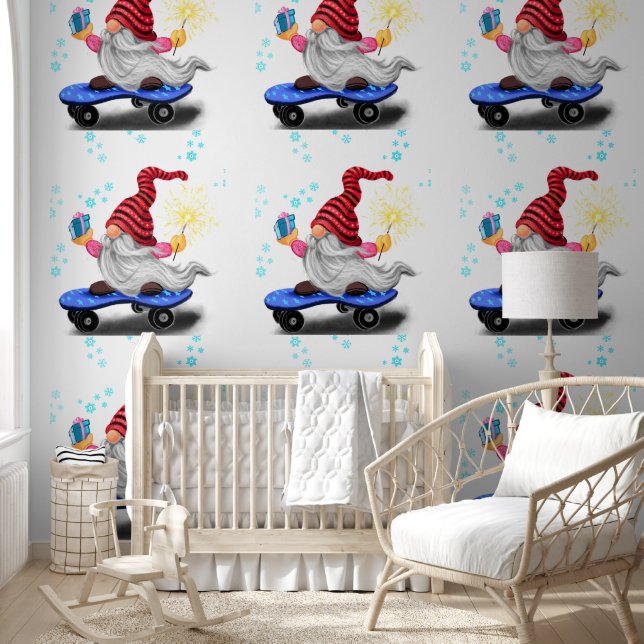 Skater Gnome with Gifts and Sparkler Christmas Wallpaper (Kids)