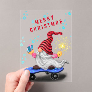 Skater Gnome with Gifts Christmas Card Acrylic Invitations