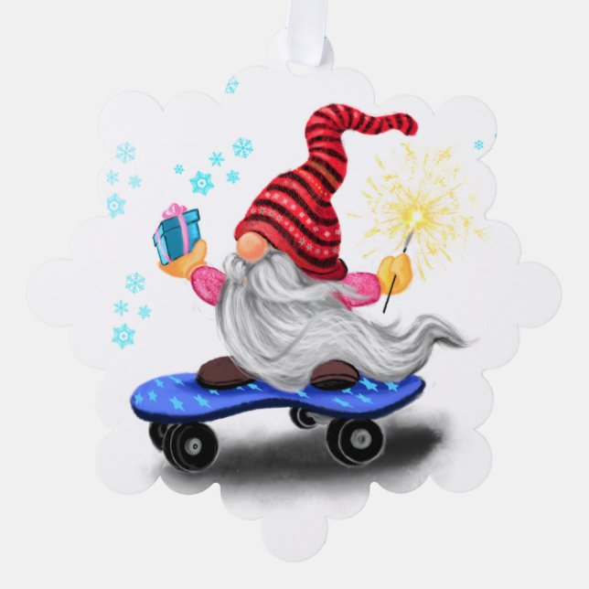 Skater Gnome with Gifts Christmas Ornament Card (Front)