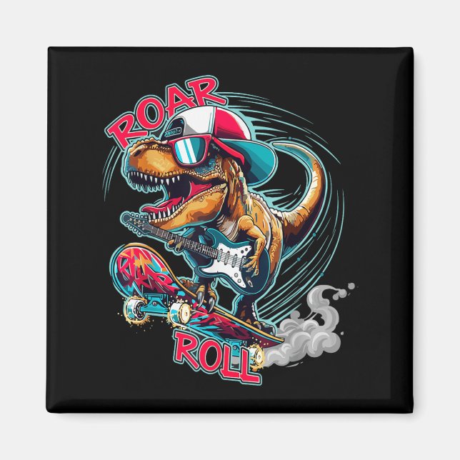 Skater Guitar T-rex Roar Roll Dinosaur For Boys Me Magnet (Front)