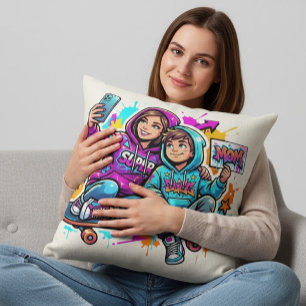Skater Mum & Son: Vibrant Graffiti Art Pillow