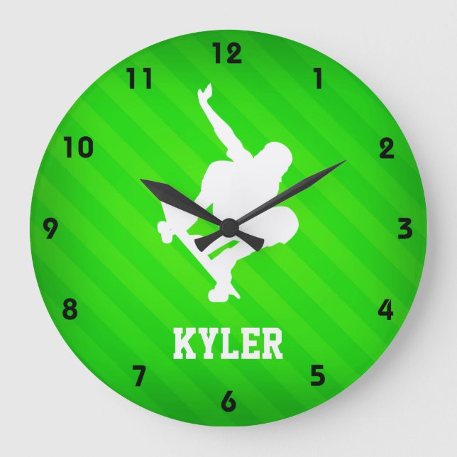 Skater; Neon Green Stripes Large Clock (Front)