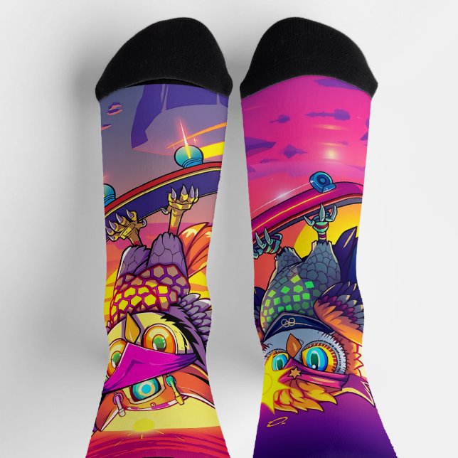 Skater Owls– Neon Sunset Vibes & Cool Owl Energy Socks (Top)