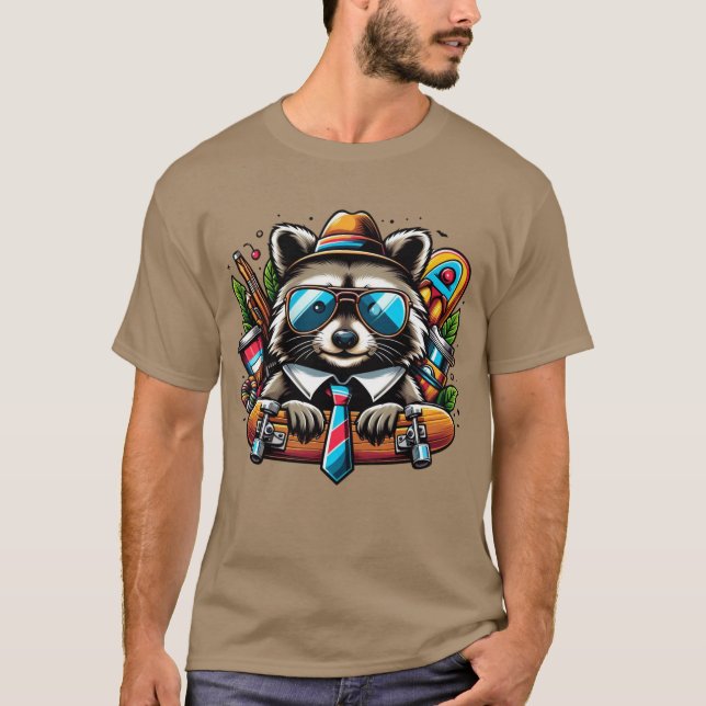 Skater Racoon  Cool Animal with Backpack and Skat T-Shirt (Front)