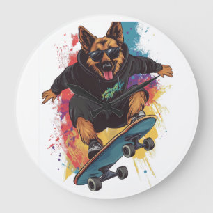 Skater Shepherd � Cool Skateboard Dog Large Clock