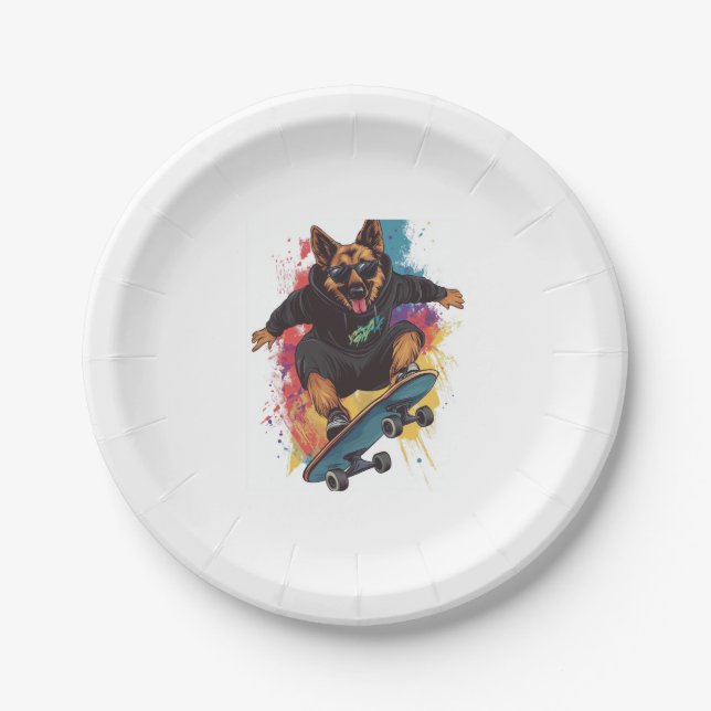 Skater Shepherd � Cool Skateboard Dog Paper Plate (Front)