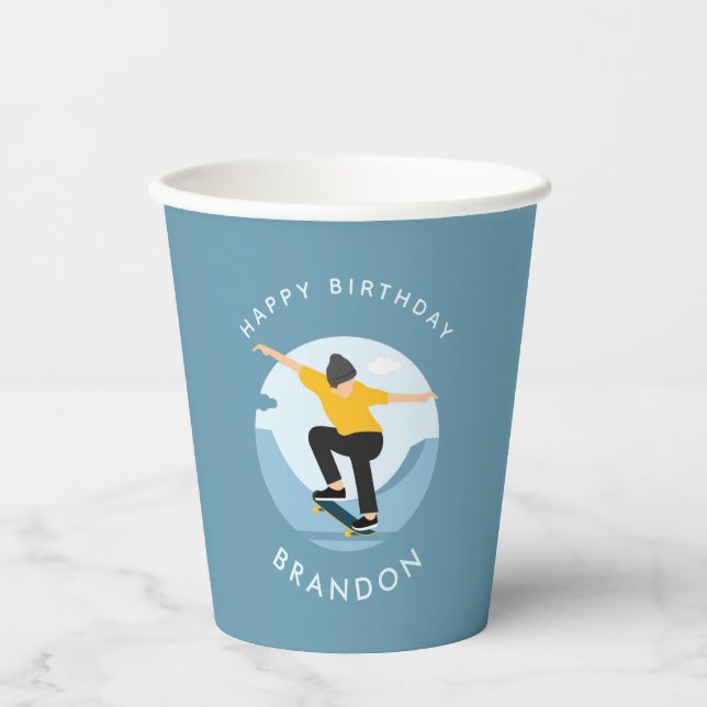Skater Skateboarding Silhouette Name Kids Birthday Paper Cups (Front)