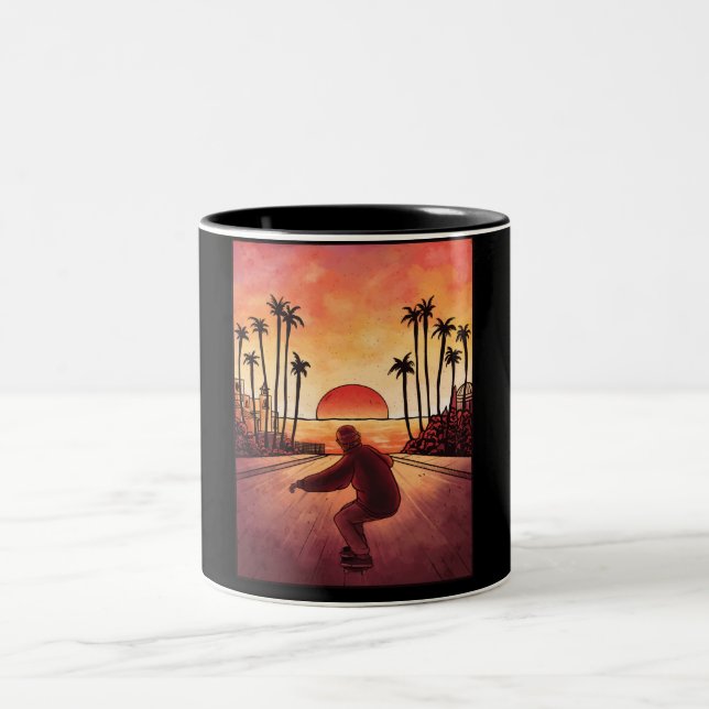 Skater skating downhill Two-Tone coffee mug (Center)