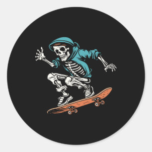 Skater Skeleton Halloween Skateboarder Men Classic Round Sticker