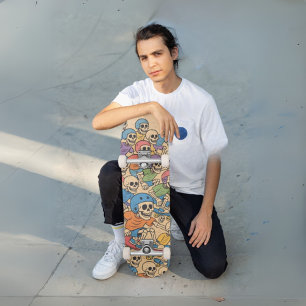 Skater Skeletons Colourful Cartoon Skull Crew Skateboard