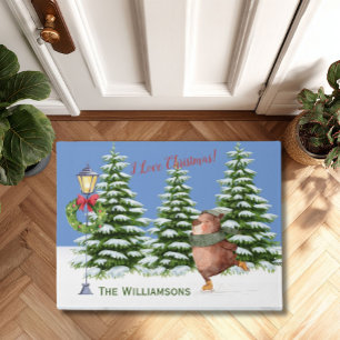 Skating Bear Snow Covered Trees Family Name  Doormat