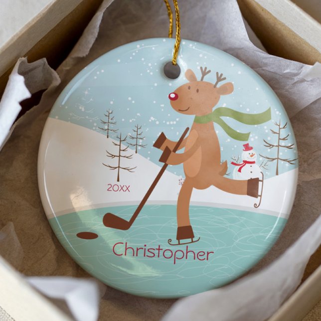 Skating Hockey Reindeer Dated Christmas Ornament (Creator Uploaded)