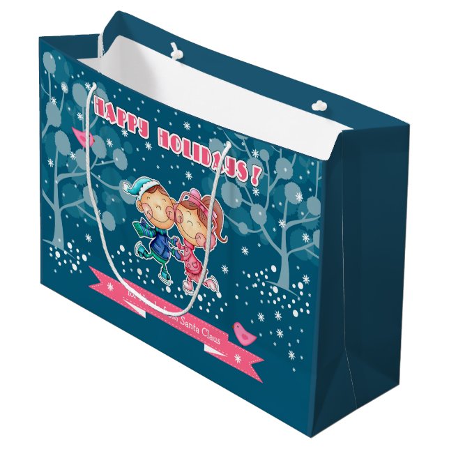 Skating Kids | Custom Name Christmas Large Gift Bag (Front Angled)