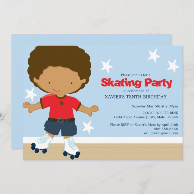 Skating Party | African American boy Invitation (Front/Back)